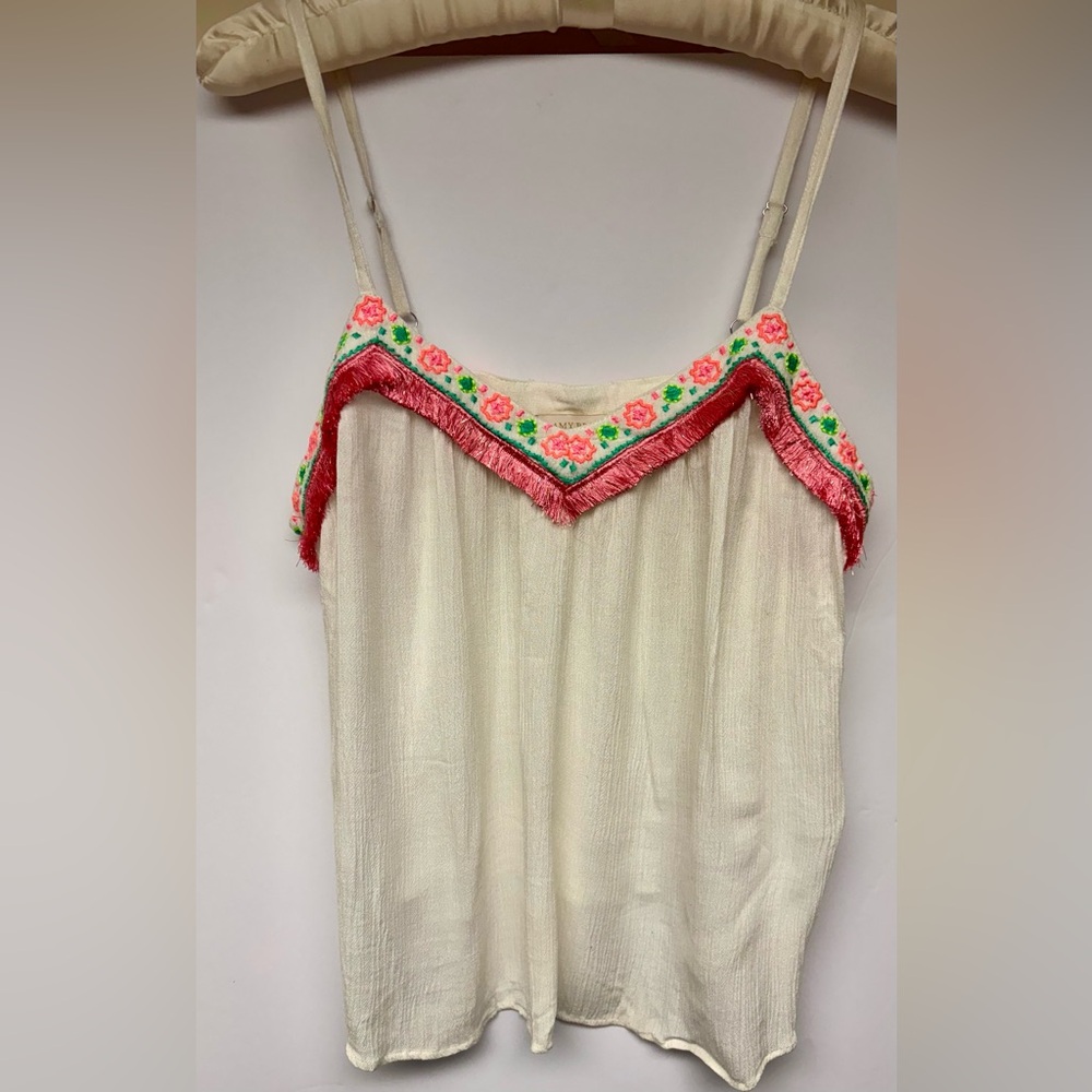 Ramy Brook Cream Camisole Tank Top with Pink Green Embroidery Fringe XS